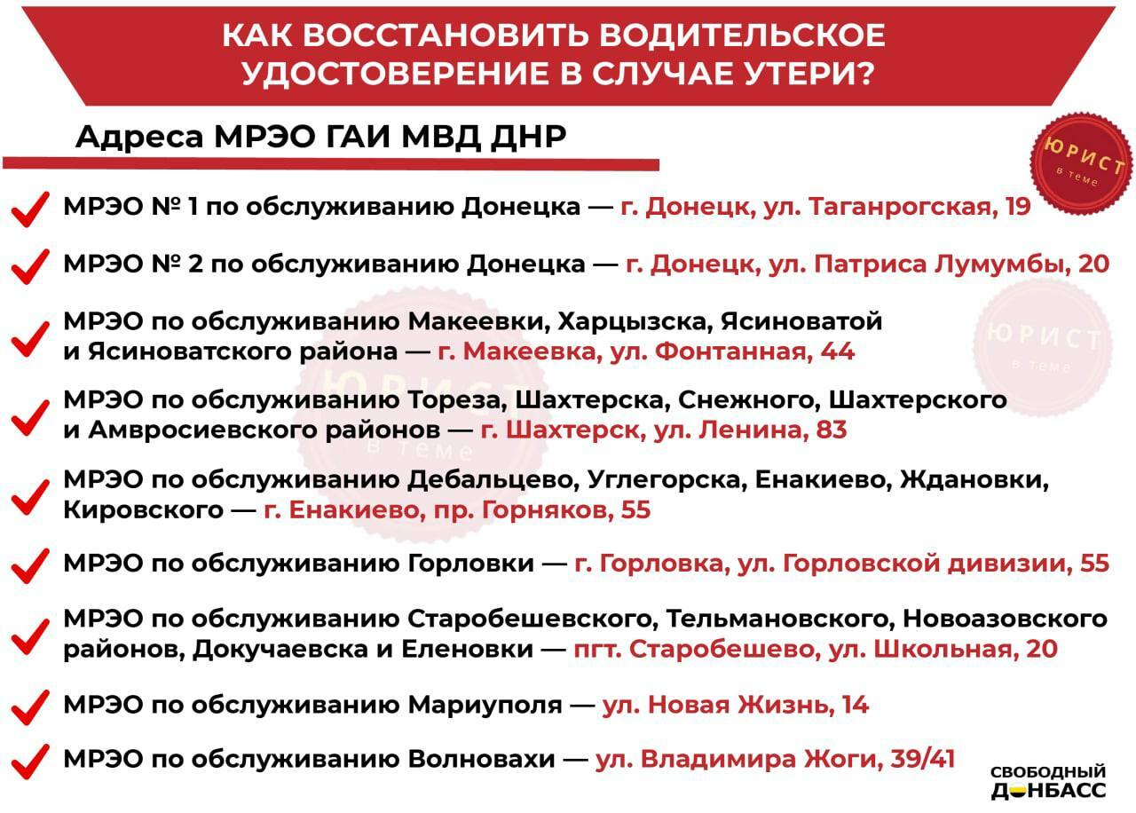 Адреса МРЭО ГАИ МВД ДНР указаны на инфографике